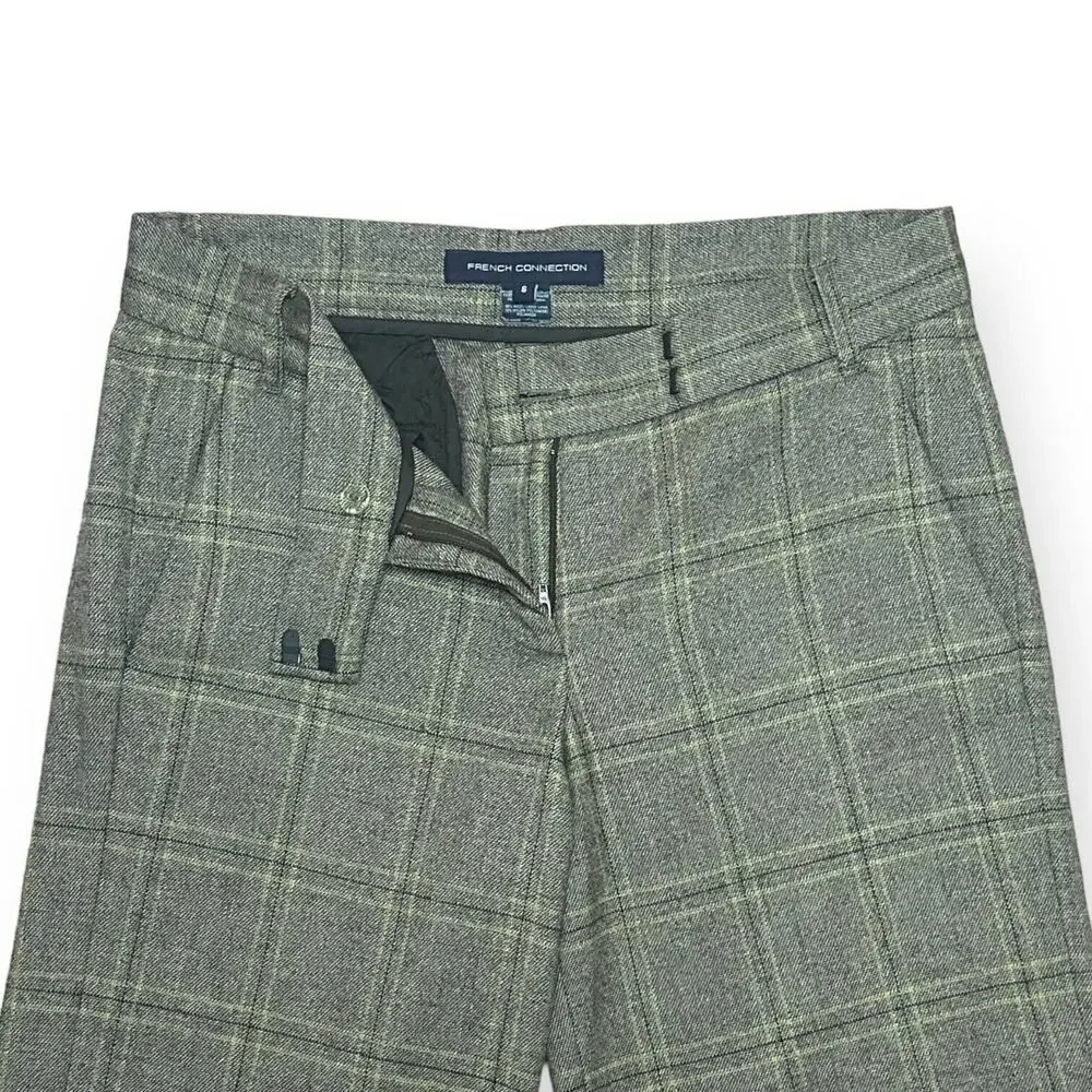 FRENCH CONNECTION Wool Wide Leg Plaid Pants Trousers Brown Key Lime Career 6